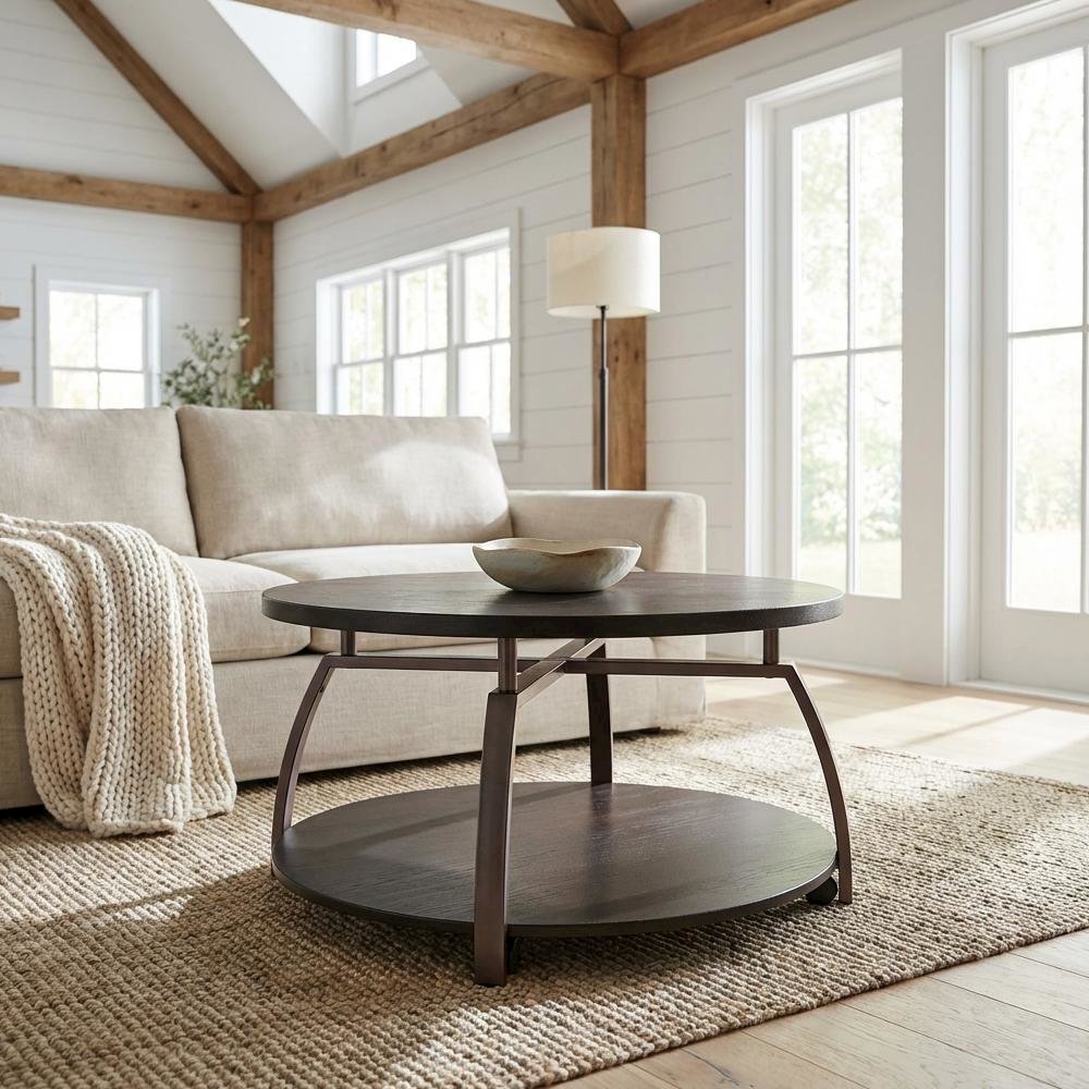 Round Dark Grey Coffee Table with Engineered Wood Top and Contemporary Design