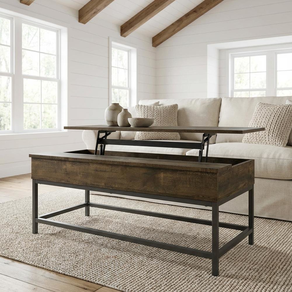 Brown Oak Lift Top Coffee Table with Rustic Rectangular Design and Storage Space