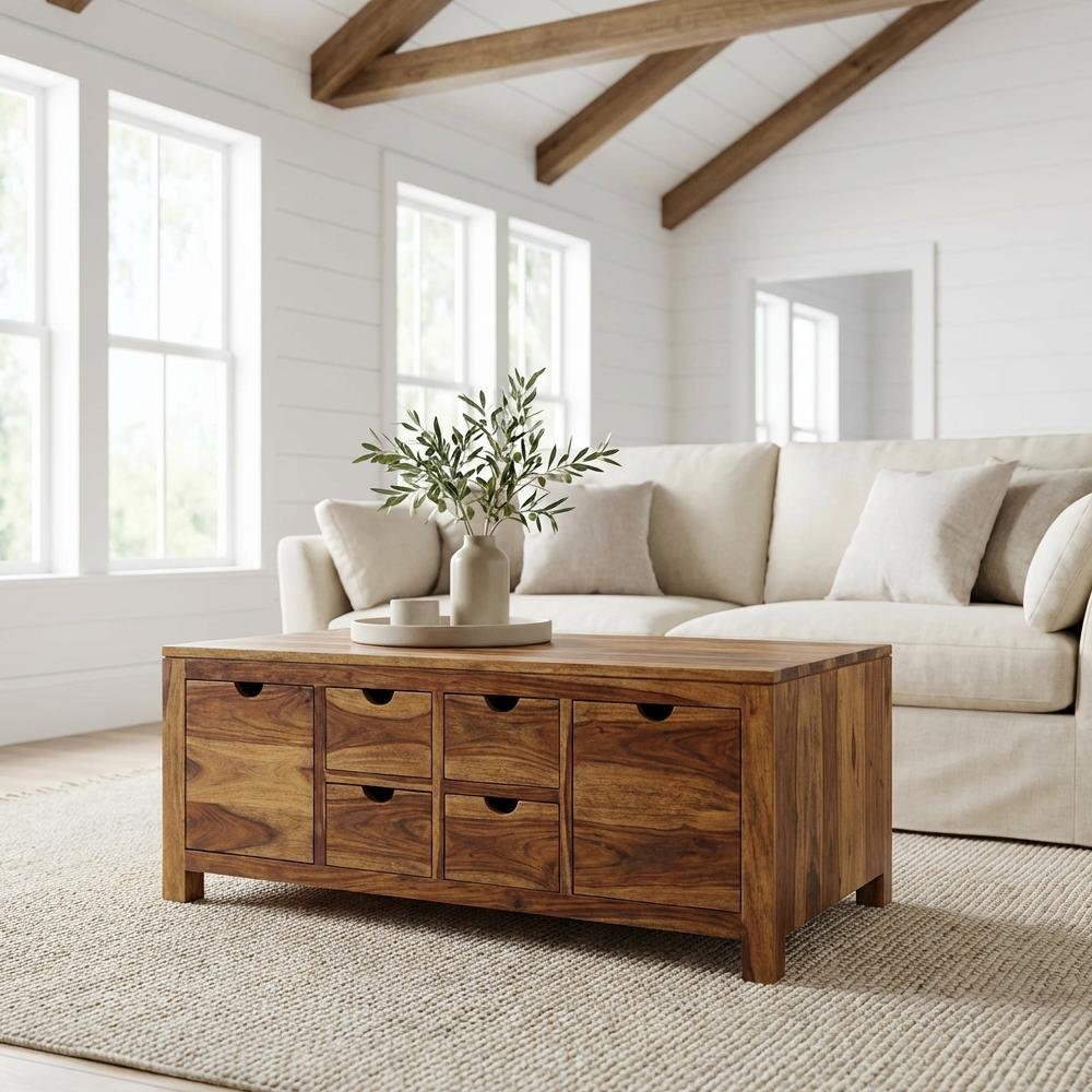 Sheesham Wood Coffee Table Brown 6-Drawer Rectangular Design