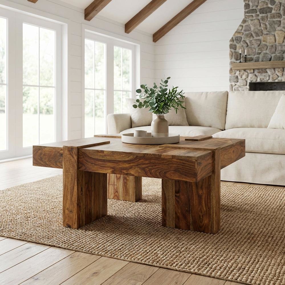 Square Sheesham Wood Coffee Table with Farmhouse Style and Sturdy Design