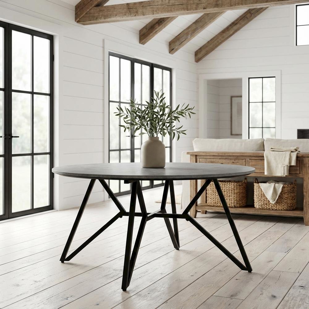 Round Cement Coffee Table in Grey with Gunmetal Base Rustic Design