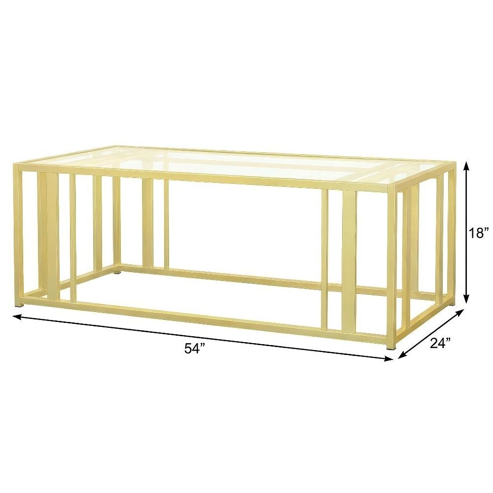 Rectangular Matte Brass Coffee Table with Glass Top and Contemporary Design