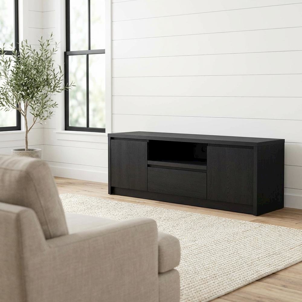 Black 2-Door TV Stand Media Console with Contemporary Style and Engineered Wood