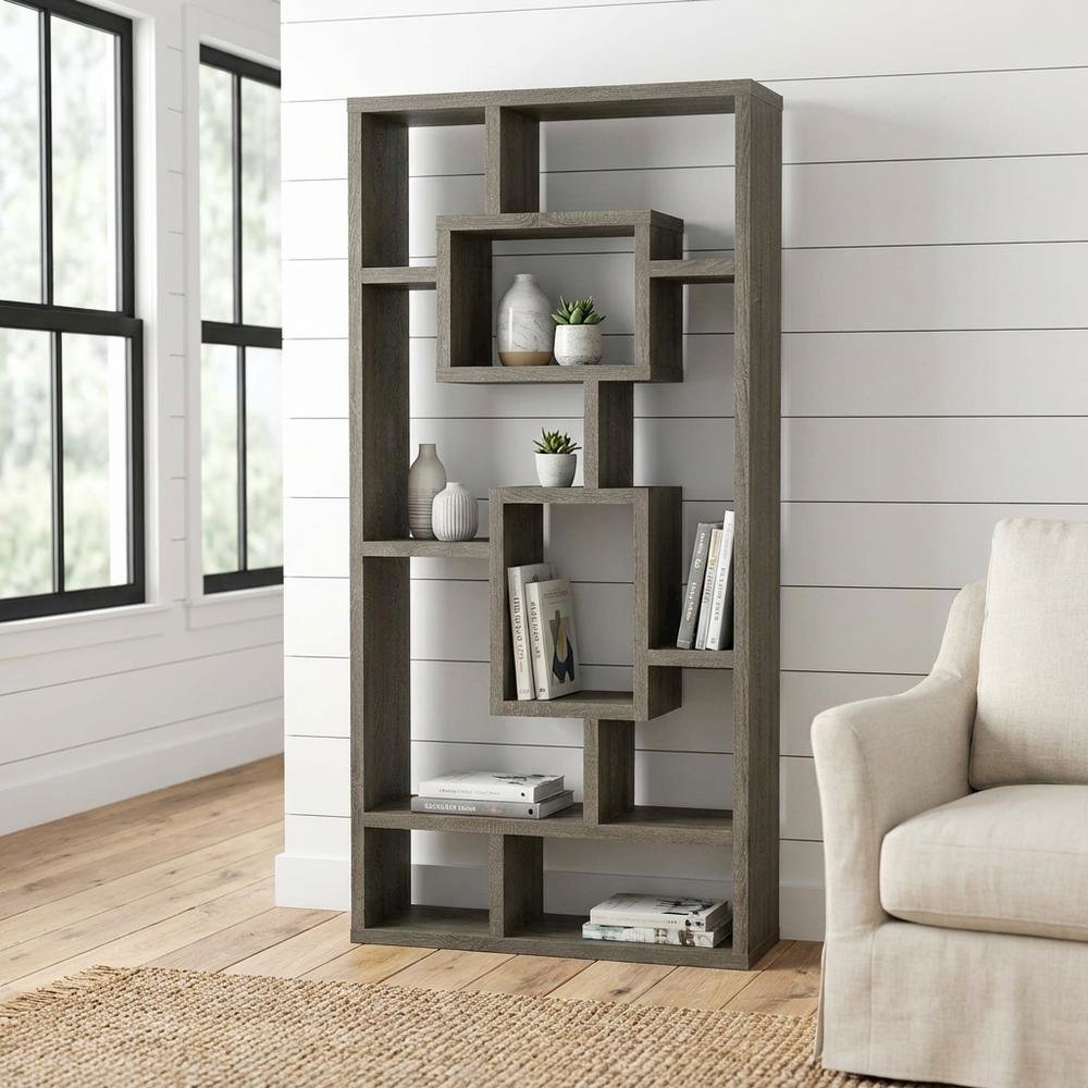 Weathered Grey 8-Shelf Bookcase with Transitional Style and Tipover Restraint