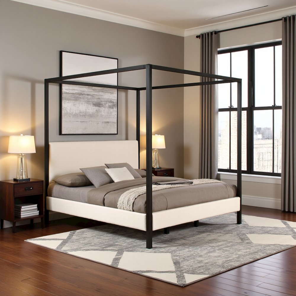 Eastern King Size Canopy Bed Frame with Upholstered Panels in Vanilla Finish