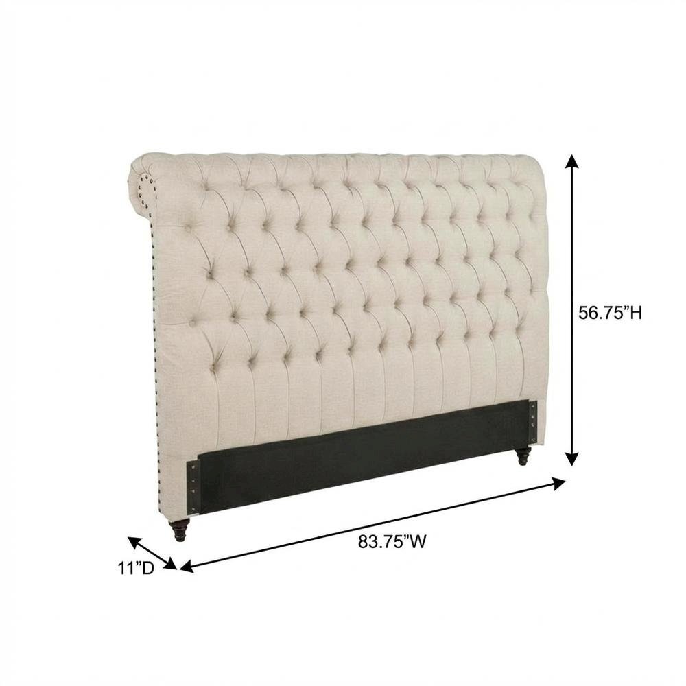 Beige Upholstered Eastern King Headboard, Dark Brown Wood Legs, Classic Design