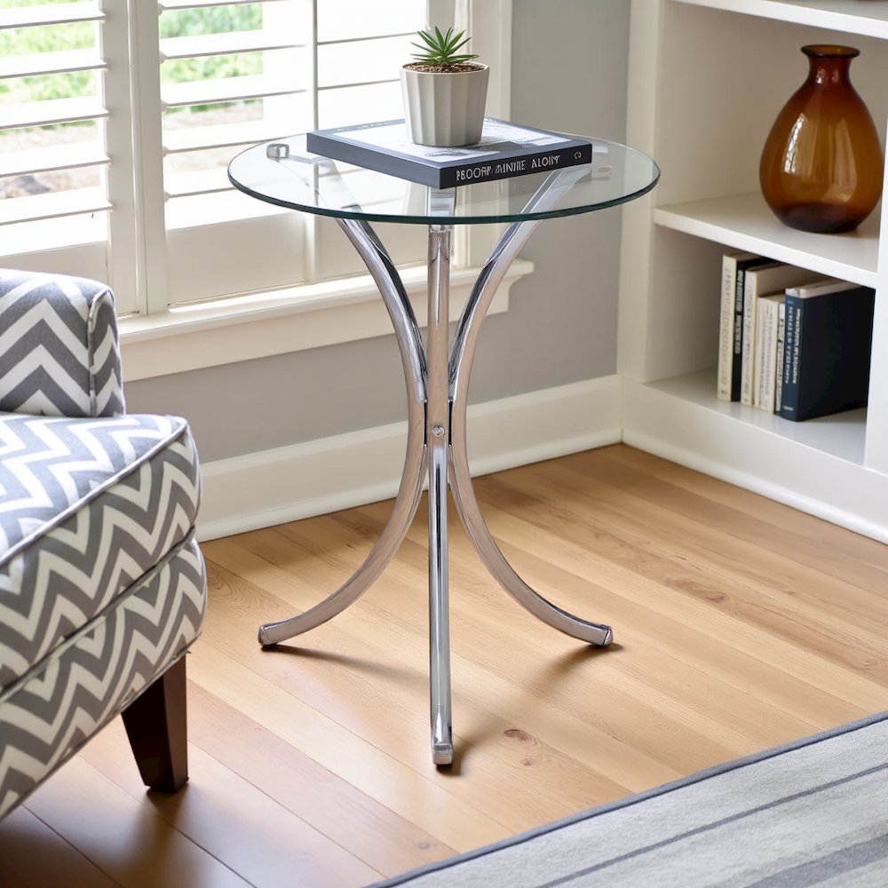 Round Glass Side Table with Chrome Base, Silver Accent End Table Design