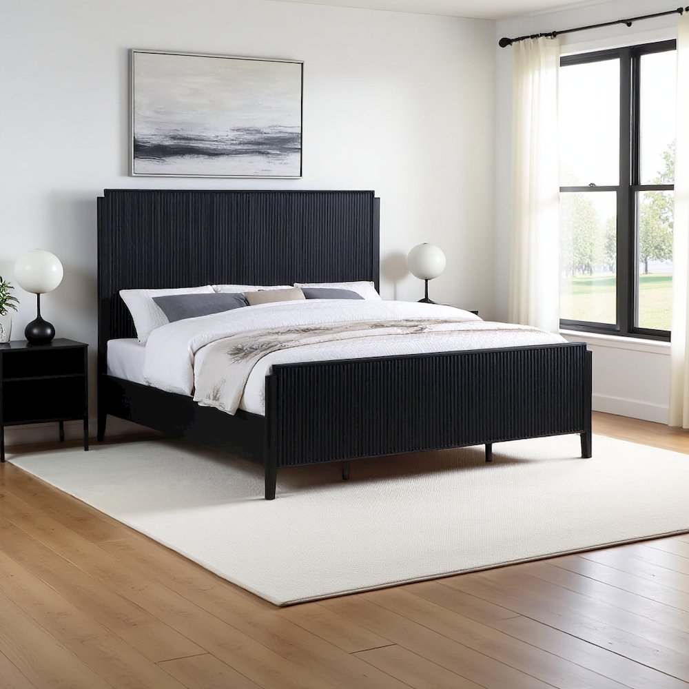 Tall Eastern King Size Bed Frame with Black Platform Base and Fluted Headboard