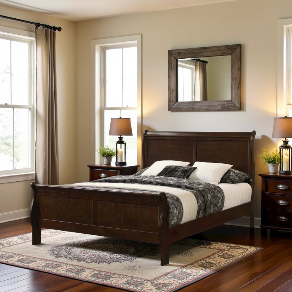 Wood King Bed Frame in Cappuccino Finish, Elegant King Size Sleigh Design