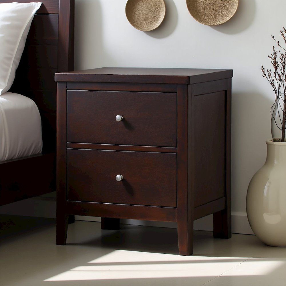 2-Drawer Rectangular Nightstand Cappuccino, Wood Nightstand with Drawers