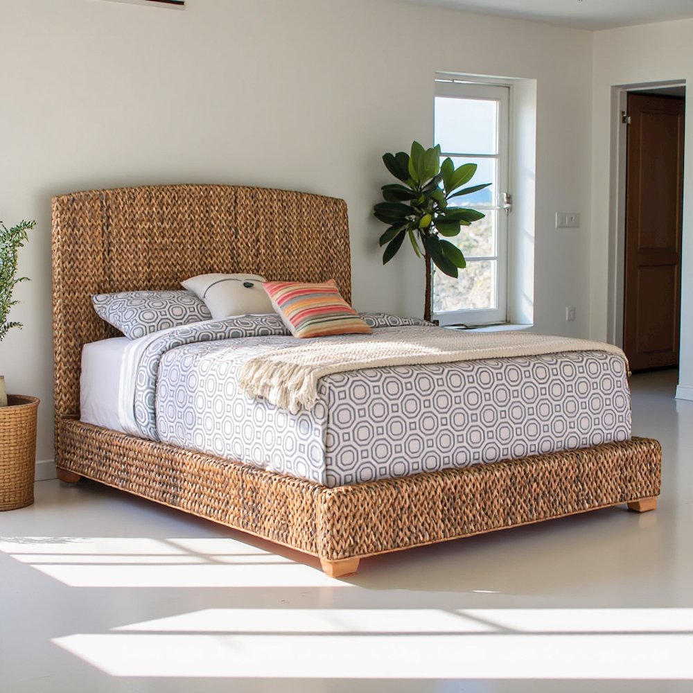 Elegant King Bed Frame with Headboard and Storage in Gold and Rattan