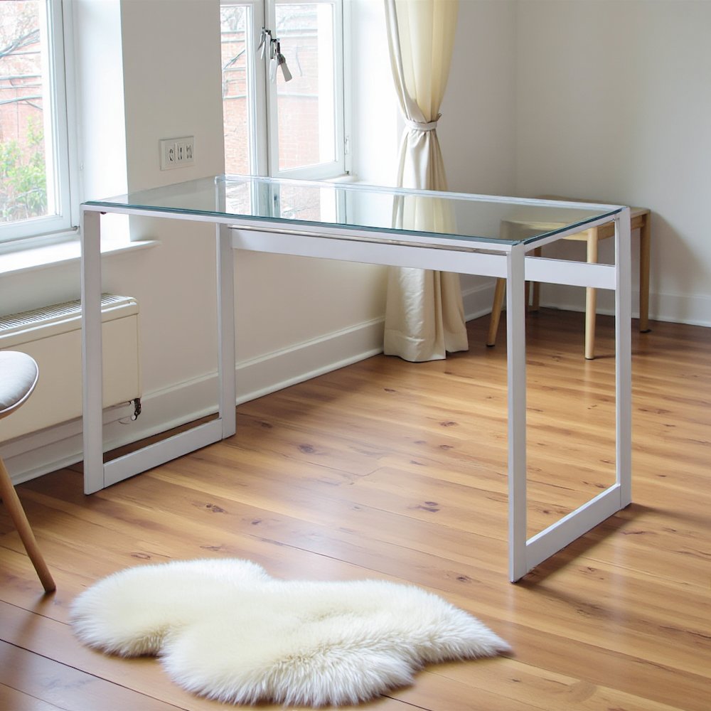 Modern Glass Top Desk with Chrome Metal Legs, Sleek Clear Glass Surface