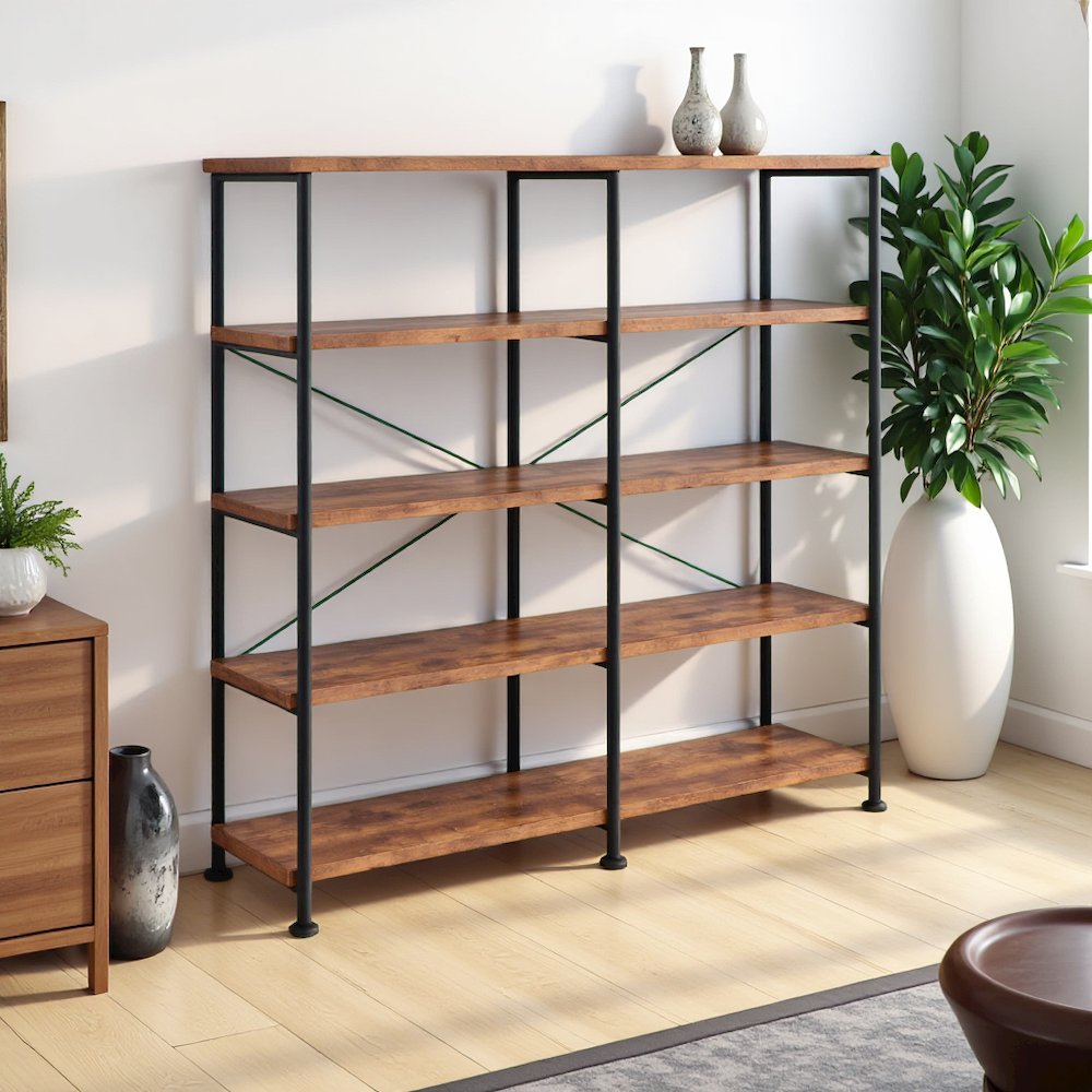 4-Shelf Open Bookcase in Antique Nutmeg Wood with Industrial Style