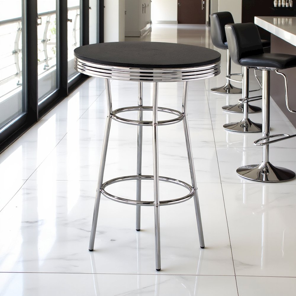 Round Bar Table with Chrome Base, Pub Table for Kitchen and Dining