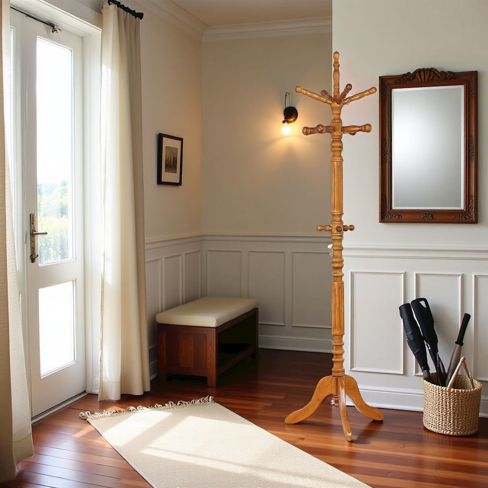 Elegant Wooden Coat Rack Stand – Freestanding Coat Tree with Hooks