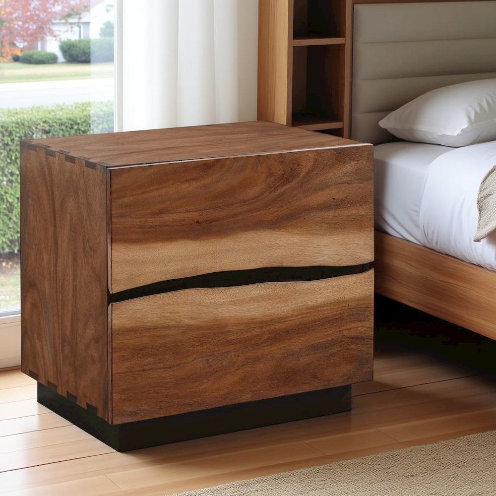 Farmhouse Walnut Nightstand – Dark Wood Nightstand with Two Drawers