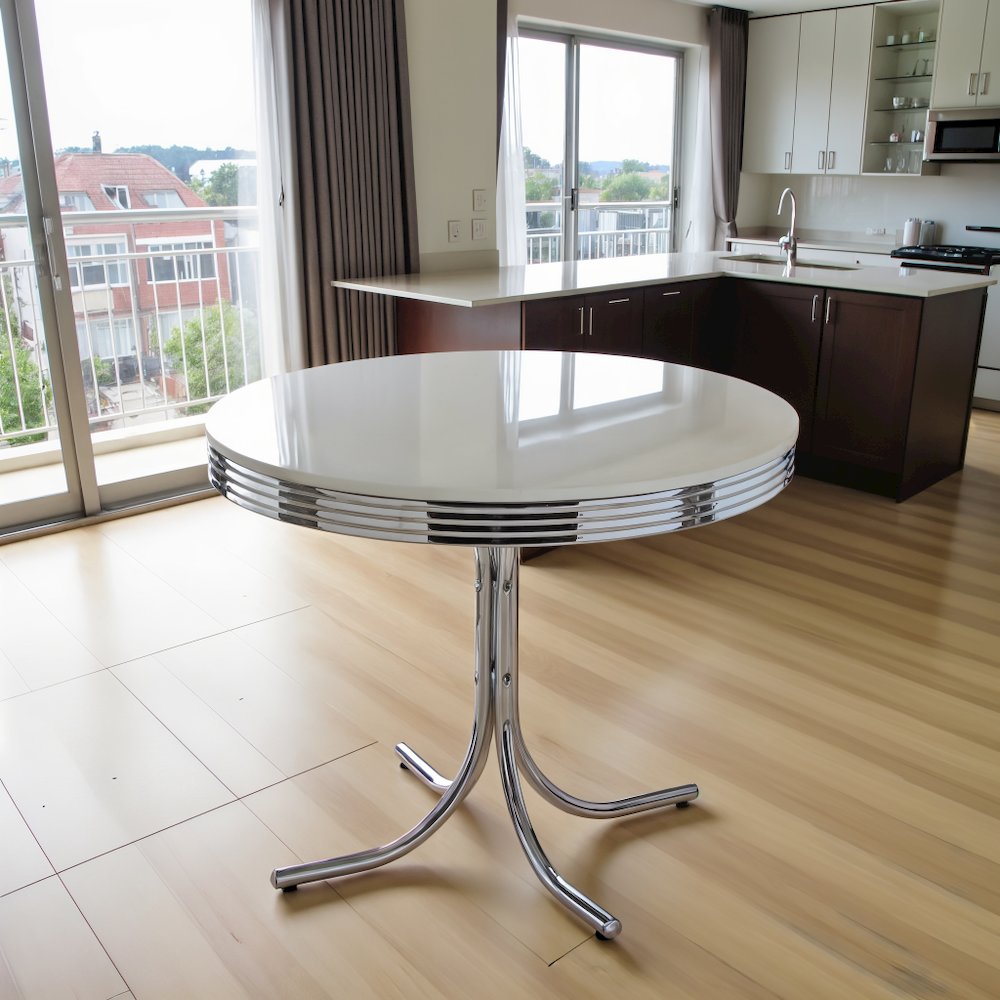 42-inch Round Dining Table with White MDF Top and Chrome Metal Base