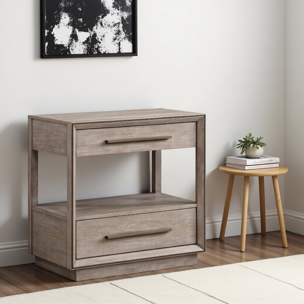 2-Drawer Nightstand in Washed Oak, Wood Nightstand with Storage Drawers