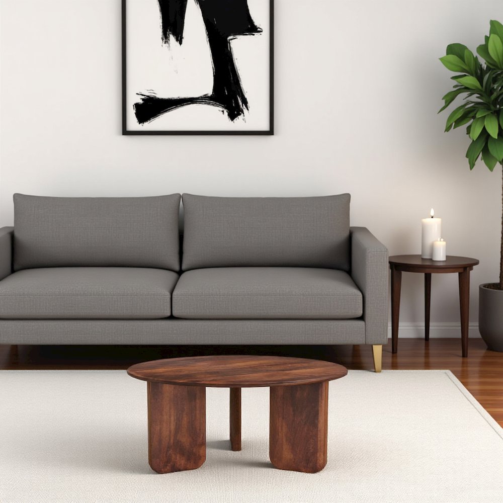 Round Solid Mango Wood Coffee Table Brown, Oval Design for Living Room