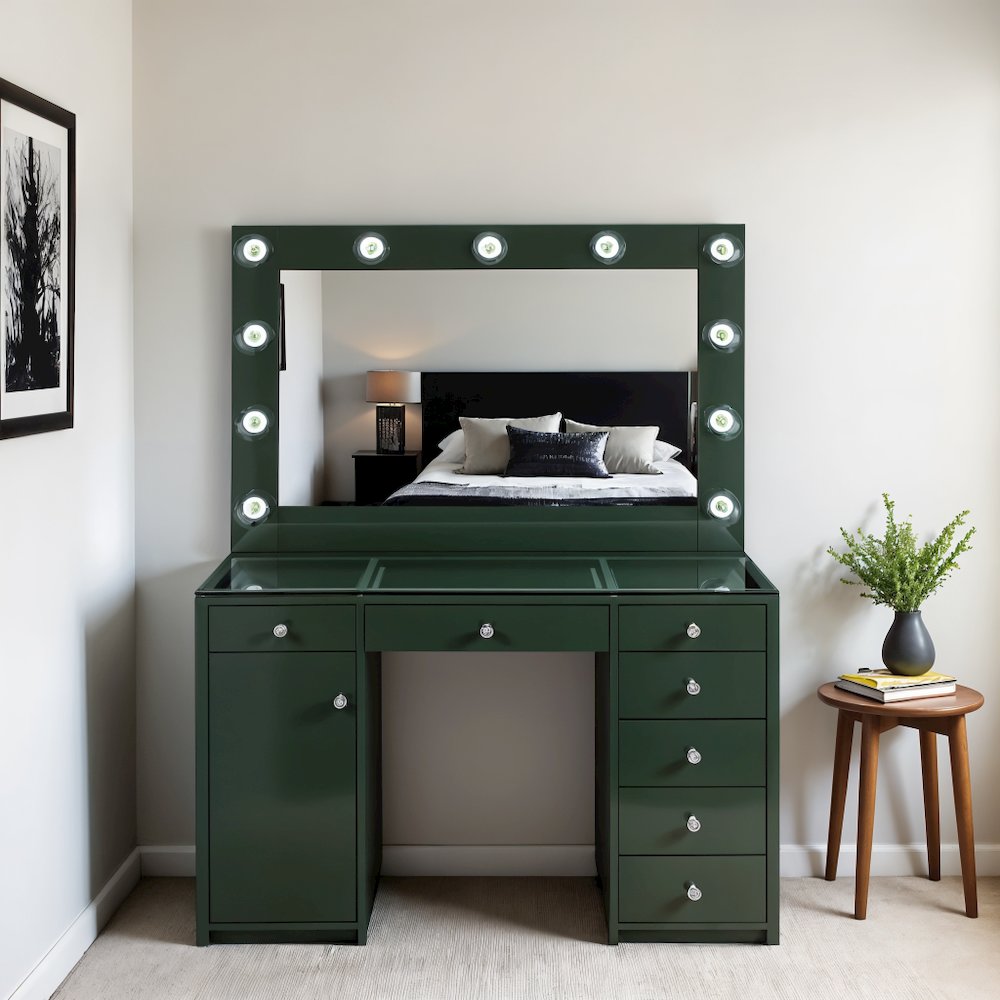7-drawer Vanity Set with Mirror and Lights in Gray High Gloss Finish