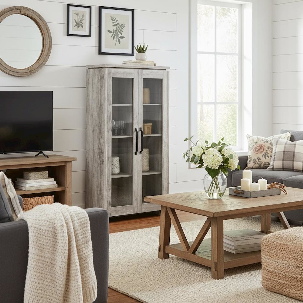 Modern 2-Door Tall Cabinet, Grey Driftwood, Glass Doors, Storage