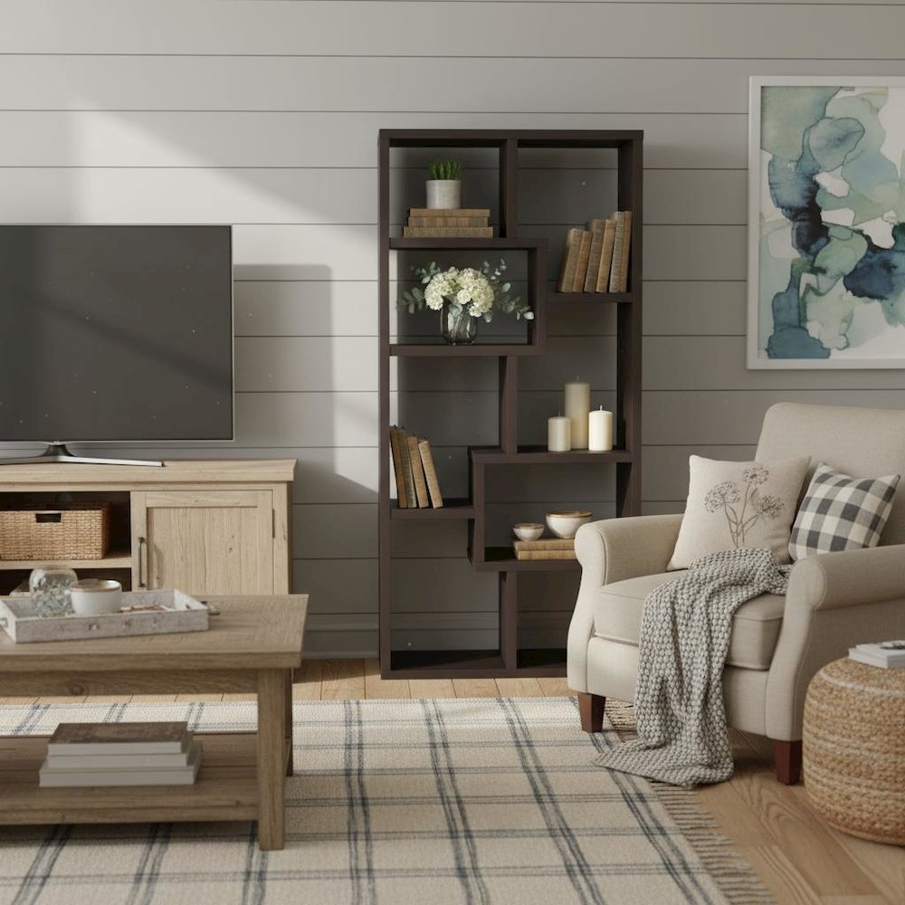 Geometric 6-Shelf Bookshelf 71-Inch, Cappuccino Finish, Display