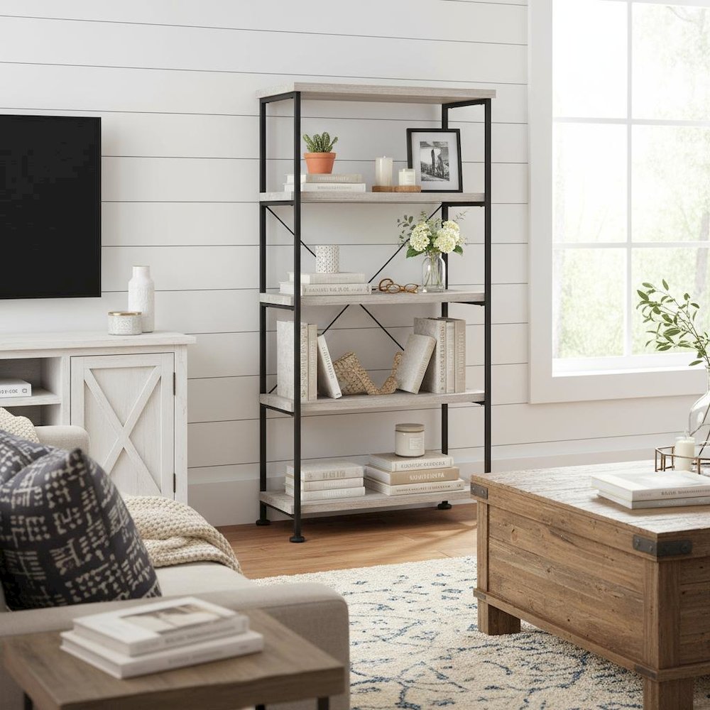 Industrial 4-Shelf Bookshelf 63-Inch, Grey Driftwood, Black Metal Frame