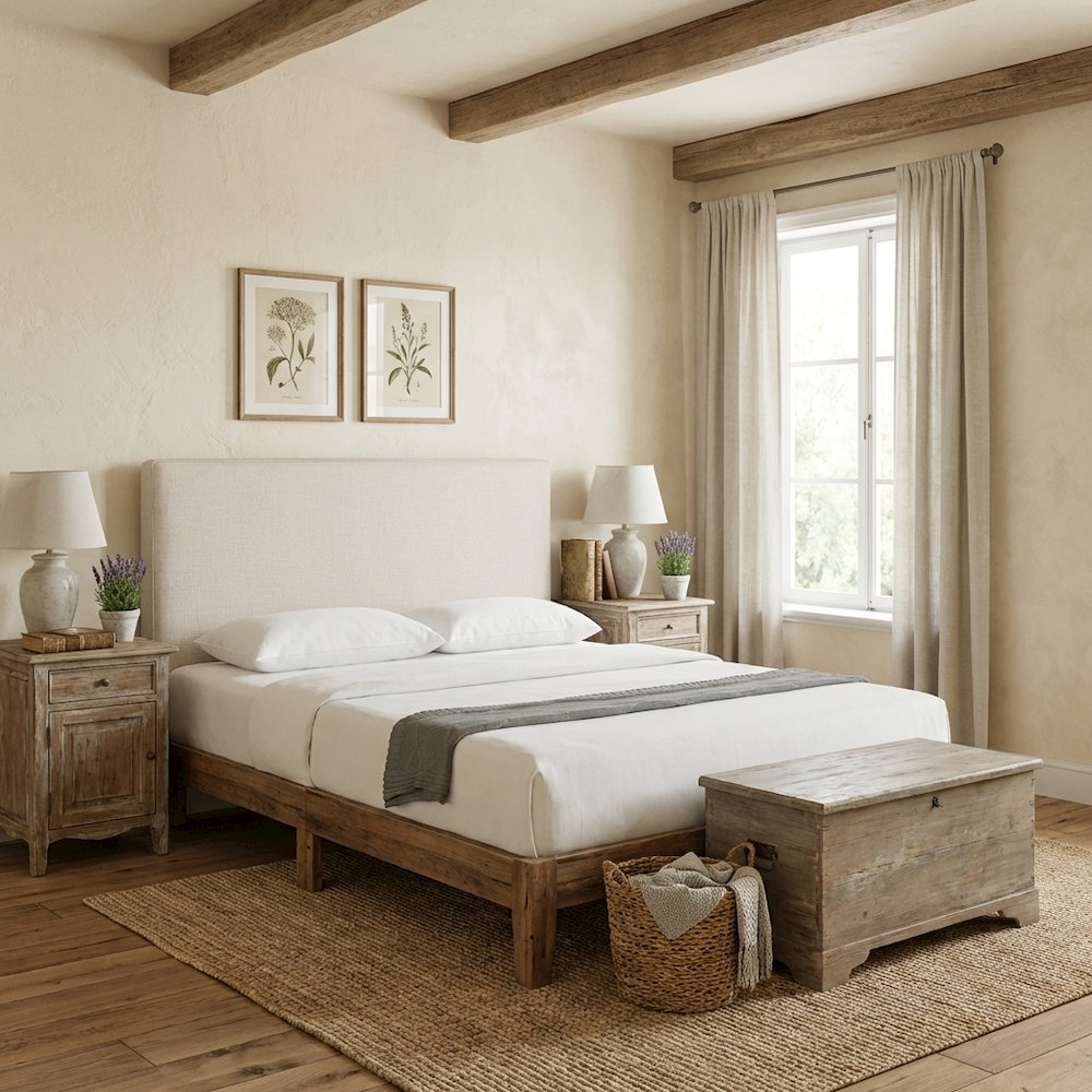 Ivory Upholstered King Panel Headboard, Polyester Fabric, Transitional Design