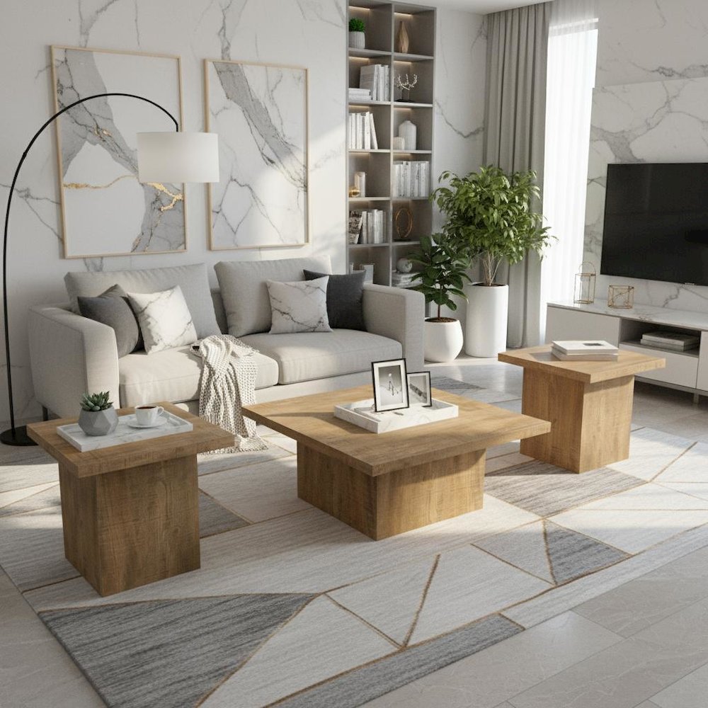 3-Piece Square Coffee & End Table Set, Mango Wood Look, Rustic