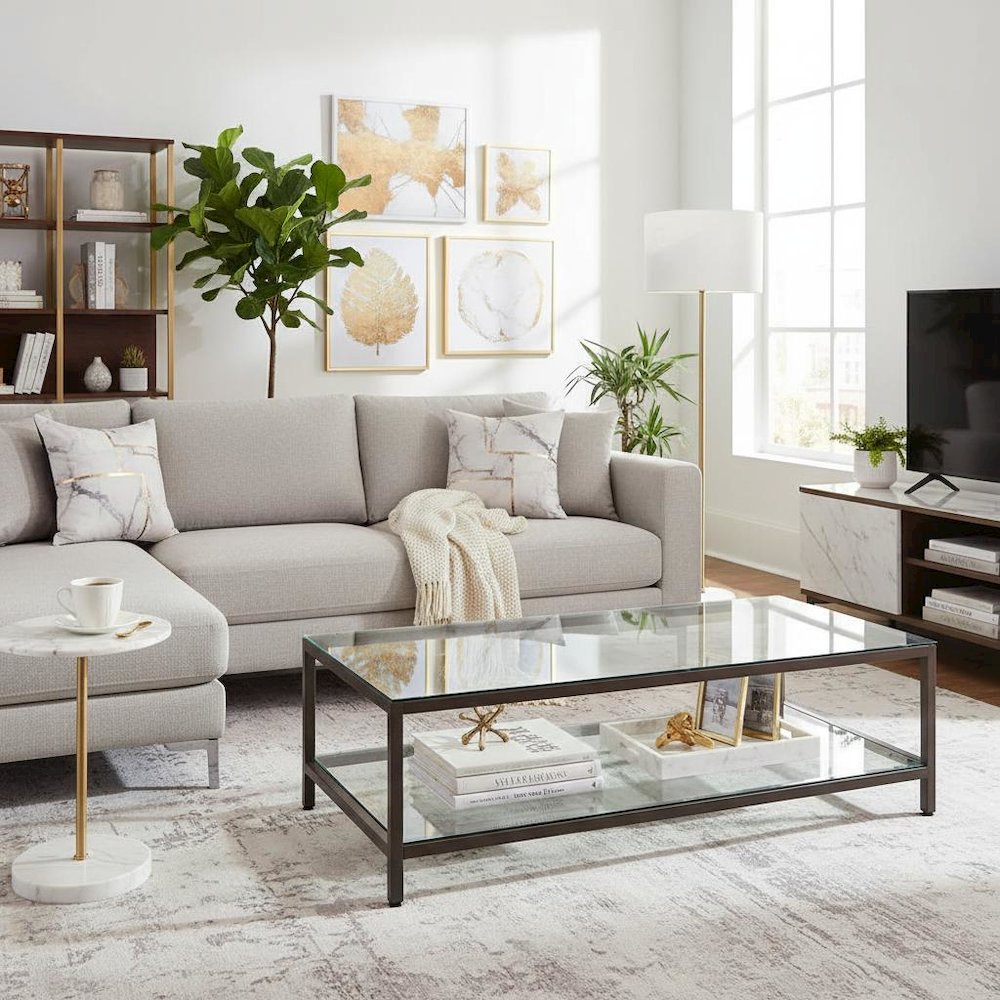 Contemporary Coffee Table, Black Nickel Finish, Tempered Glass Shelf