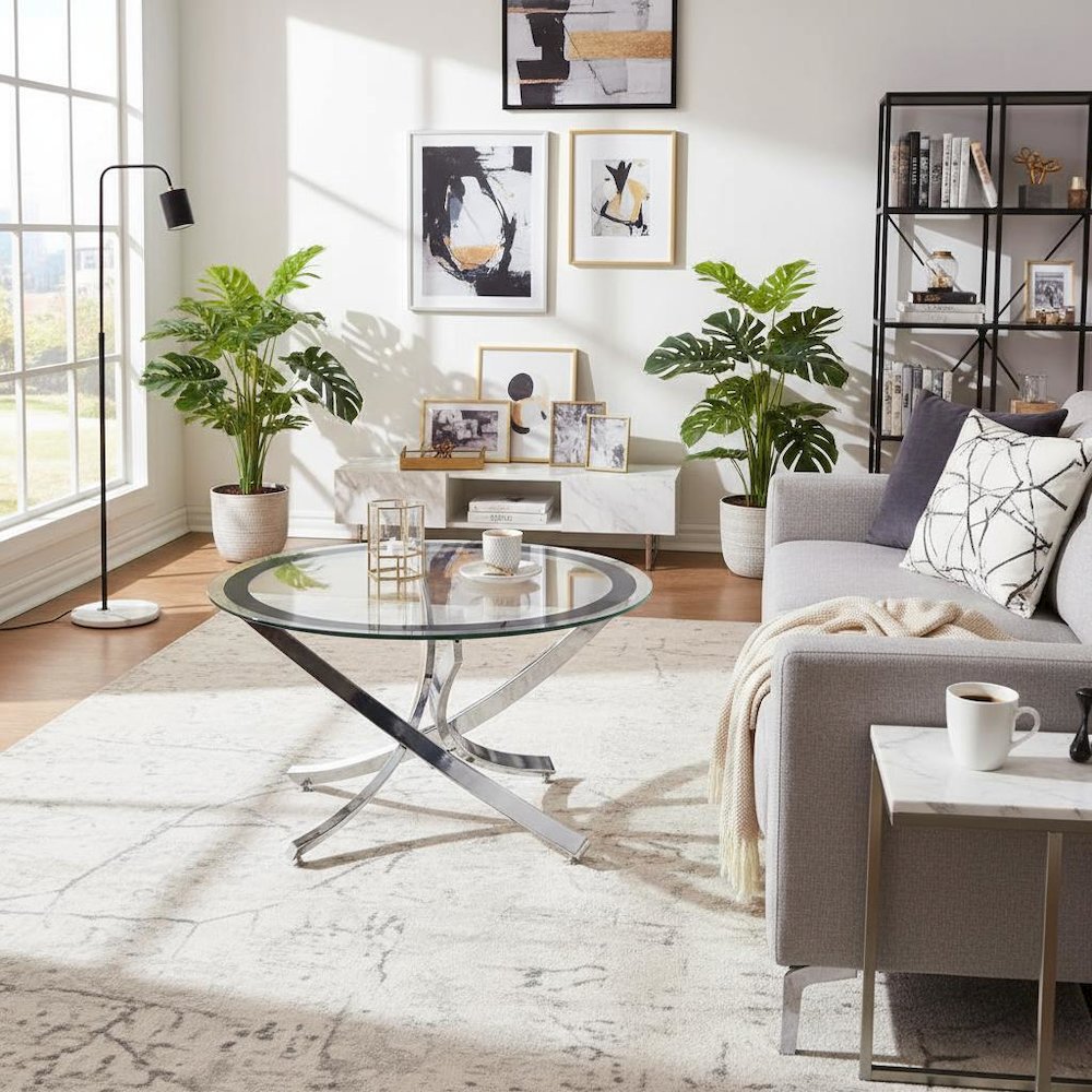 Modern Round Coffee Table, Tempered Glass Top, Chrome Metal Base, Stylish Design