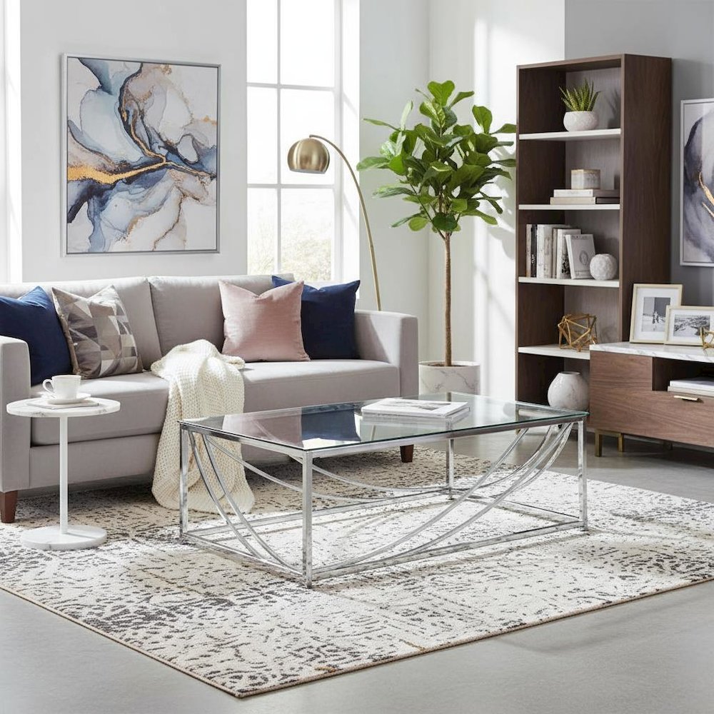 Elegant Rectangular Coffee Table, Chrome Accents, Smooth Glass Top