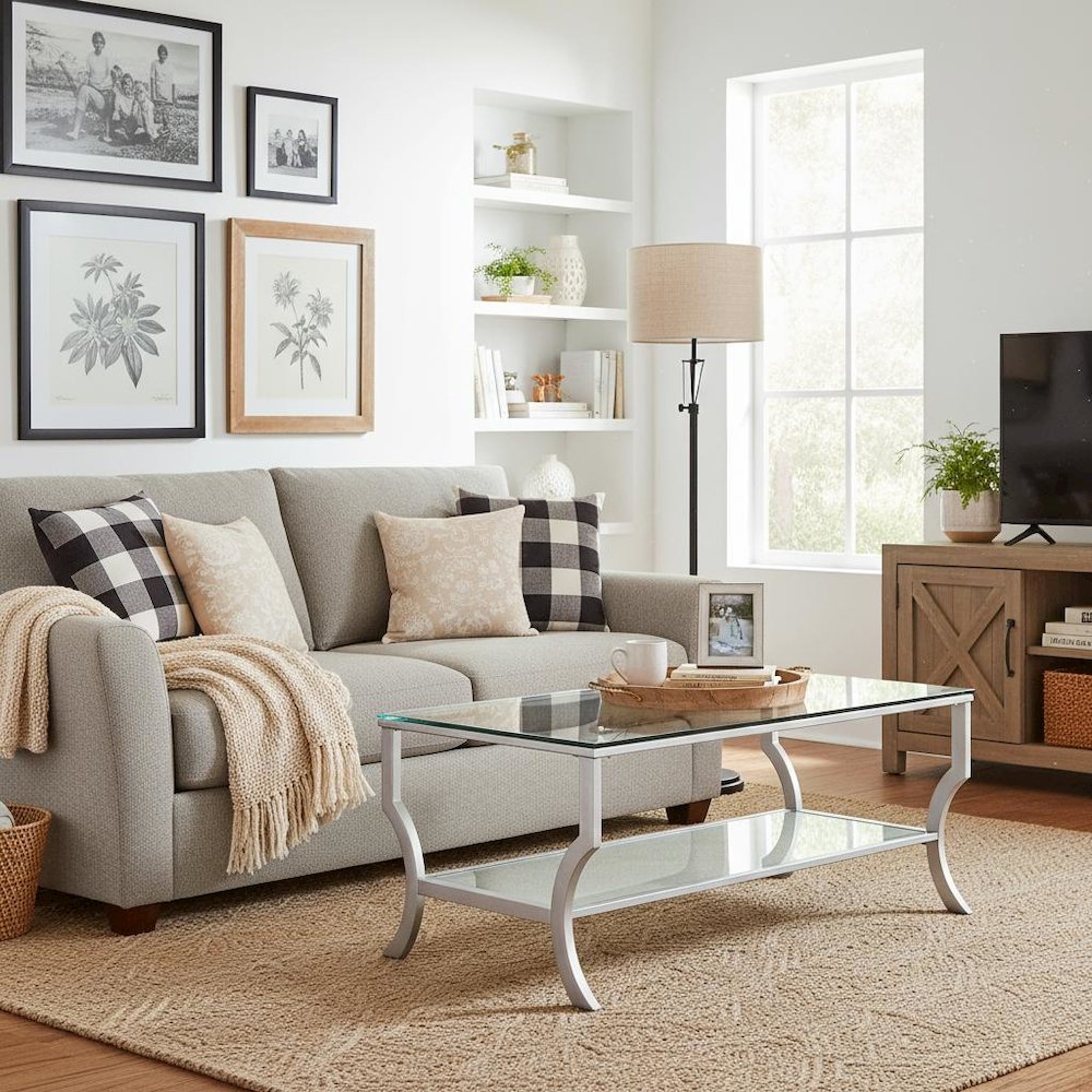 Coffee Table, Glass Top, Chrome Metal, Mirrored Shelf