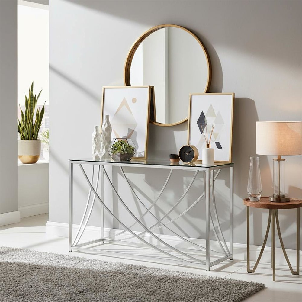Elegant Console Table, Chrome Accents, Smooth Glass Top, Entryway Accent