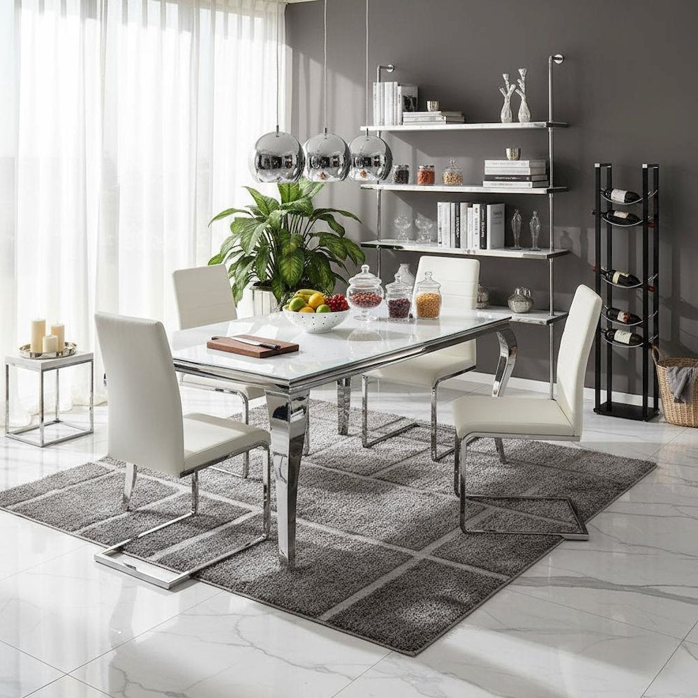 Rectangular Dining Table, White Glass Top, Chrome Metal Legs, Luxurious