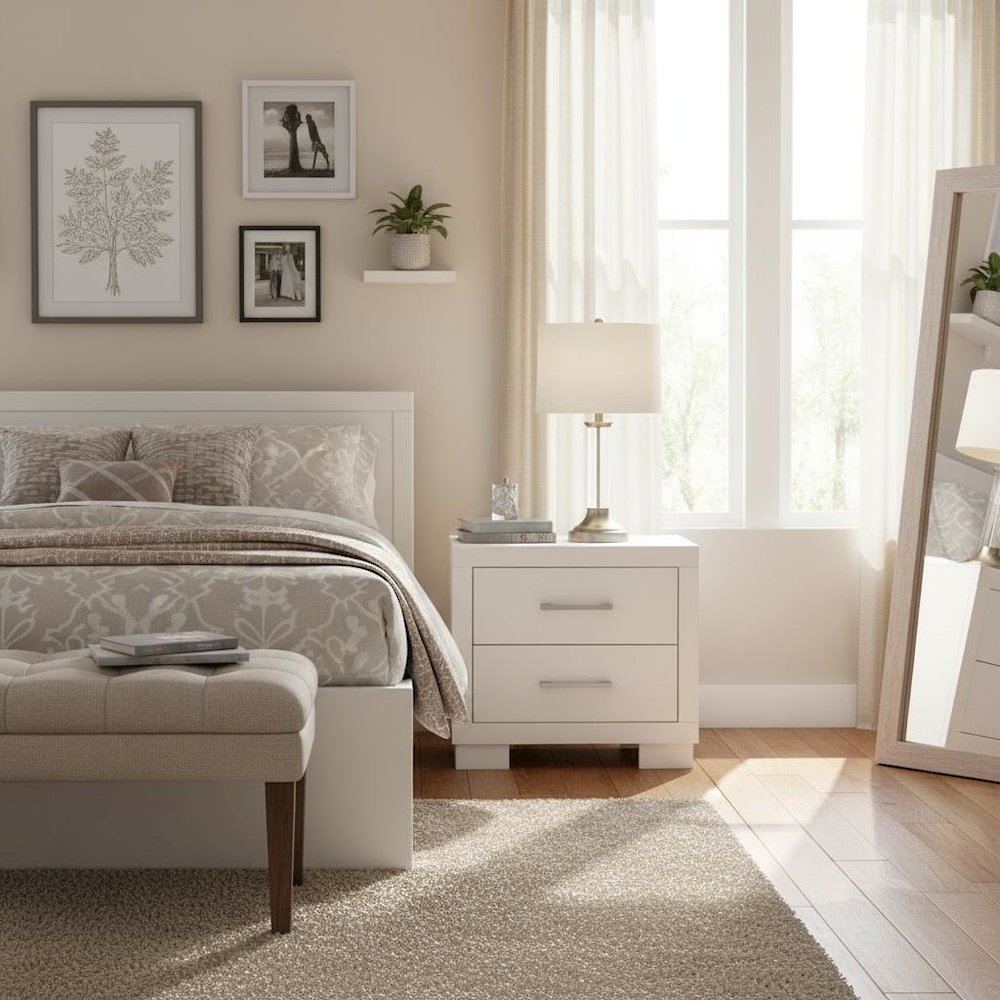 2-Drawer Cream White Nightstand with Elegant Design and Smooth Storage Drawers