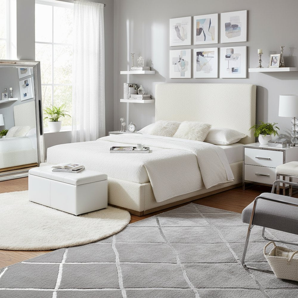 Beige Upholstered Queen Size Bed Frame with Headboard Platform Bed