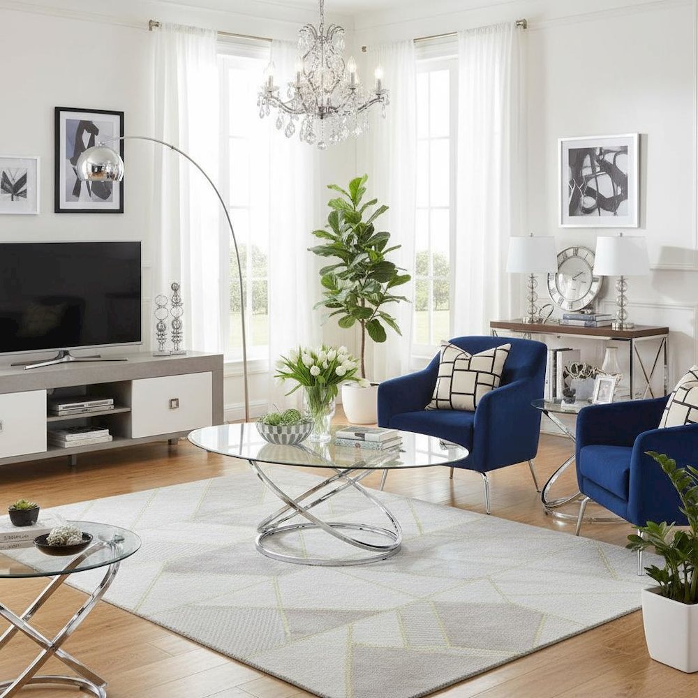 Sculptural 3-Piece Oval Coffee Table Set, Glass Top, Chrome