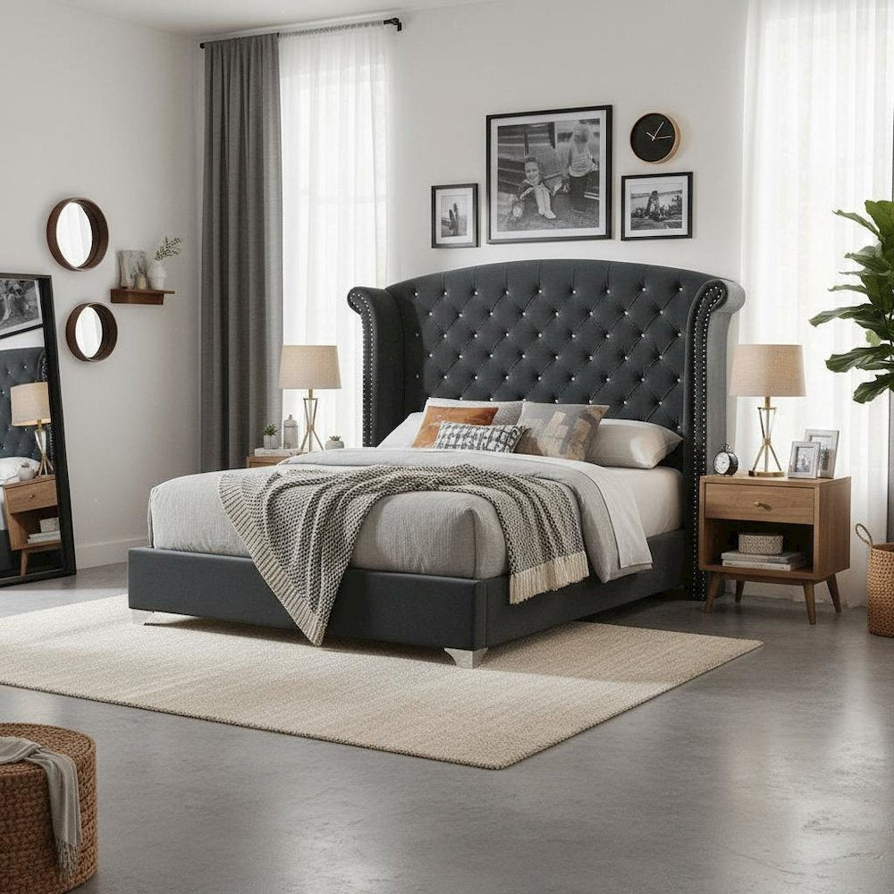 Upholstered Queen Wingback Bed Grey