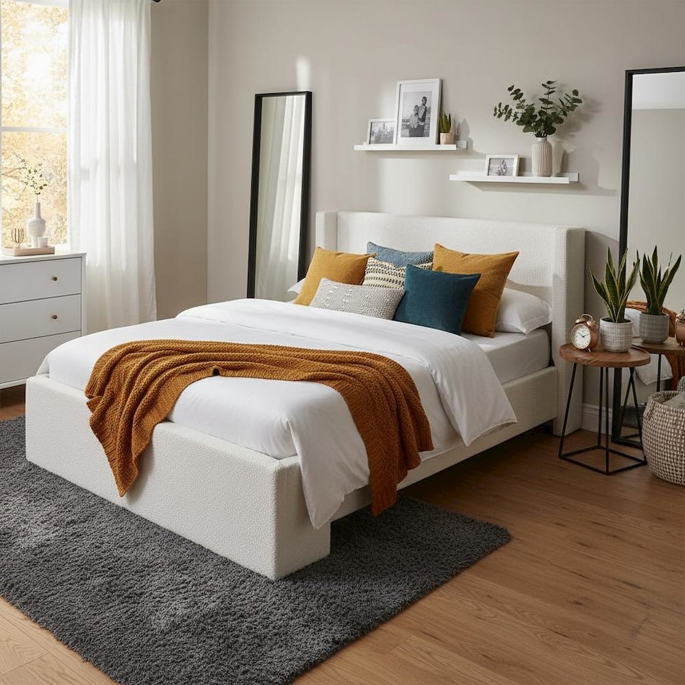 Boucle Upholstered Queen Wingback Bed White