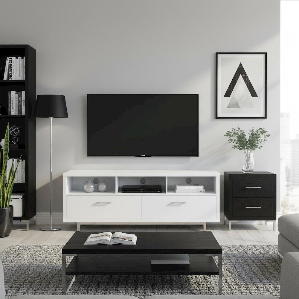 Modern White TV Stand 60 Inch, Engineered Wood, Two Drawers, Chrome Metal Base.