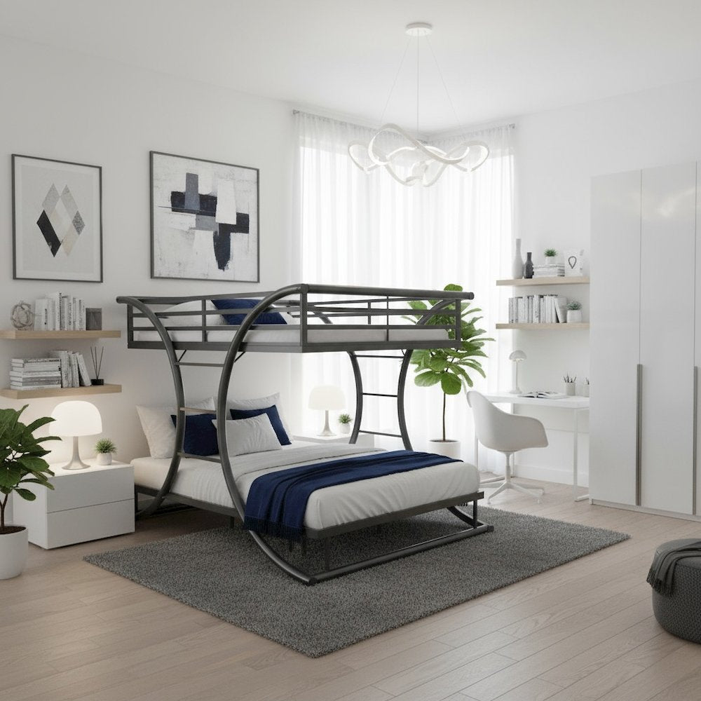 Heavy Duty Steel Bunk Bed Full Over Full Size, Built-in Ladders, Gunmetal Finish