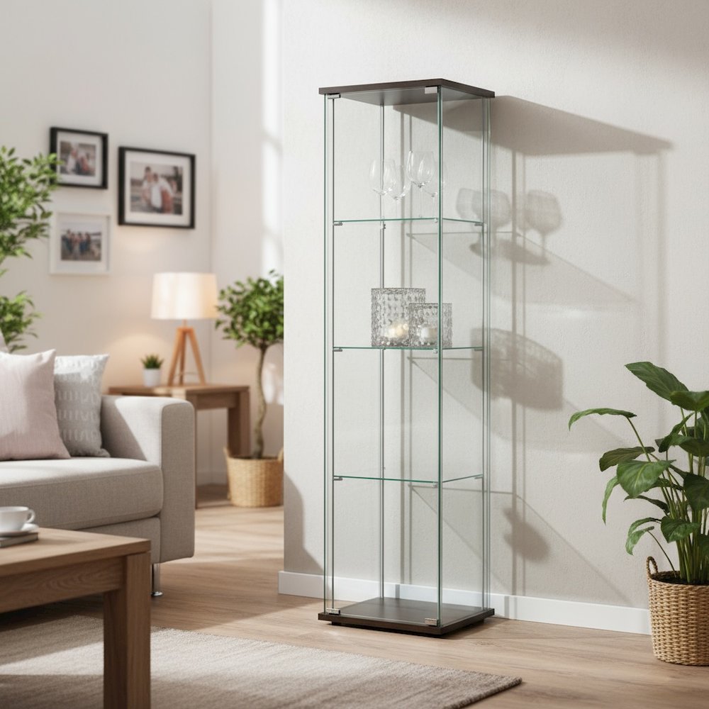 Modern Curio Cabinet, Clear Glass Shelves, Cappuccino Finish