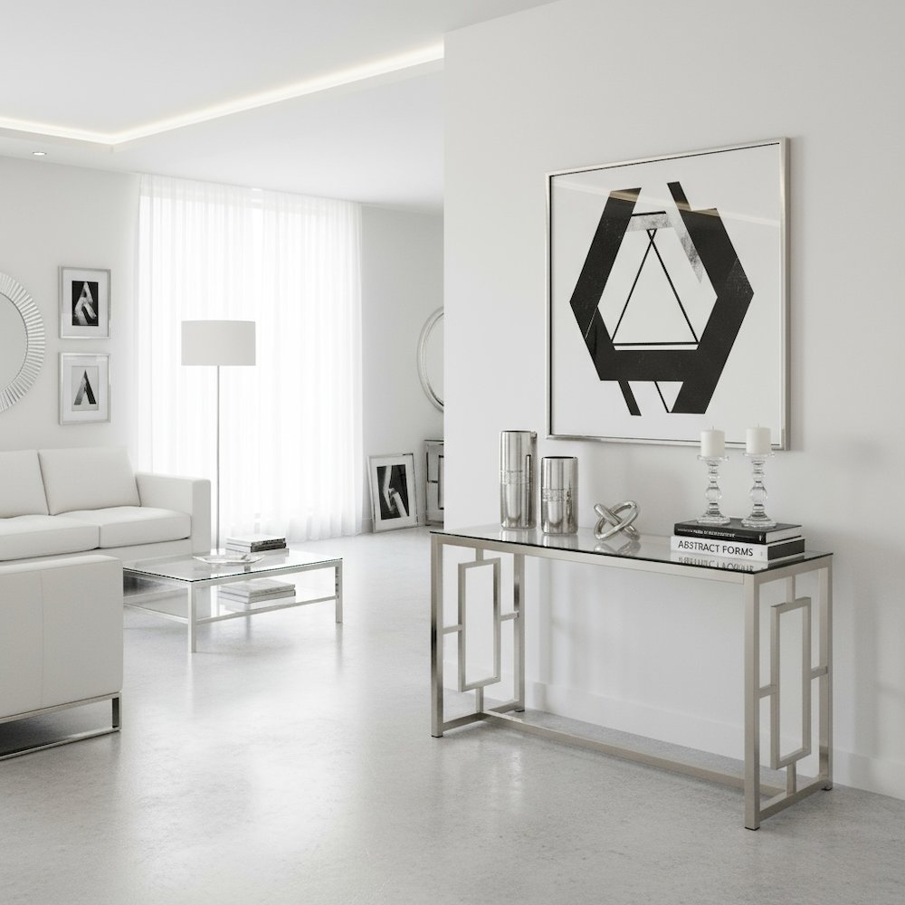 Glass Top Console Table, Nickel Metal Base, Contemporary Style, Tempered Glass