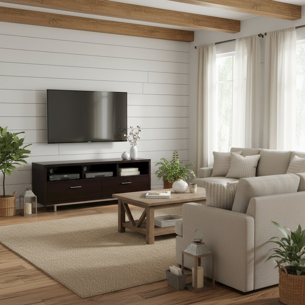 Modern Cappuccino TV Stand 60 Inch, Engineered Wood, 2-Drawer, Chrome Metal Base