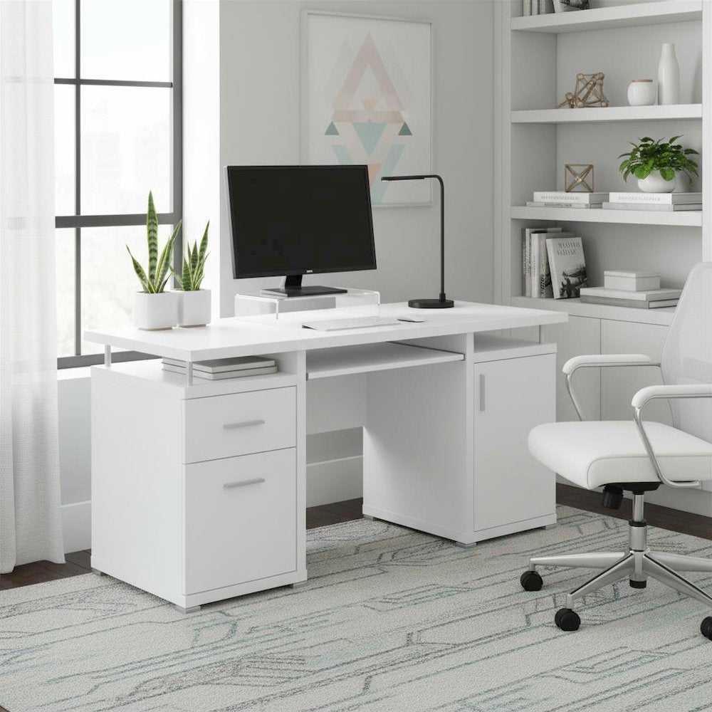 Modern White Office Desk 55-Inch, 2 Drawers, Keyboard Tray, File Cabinet