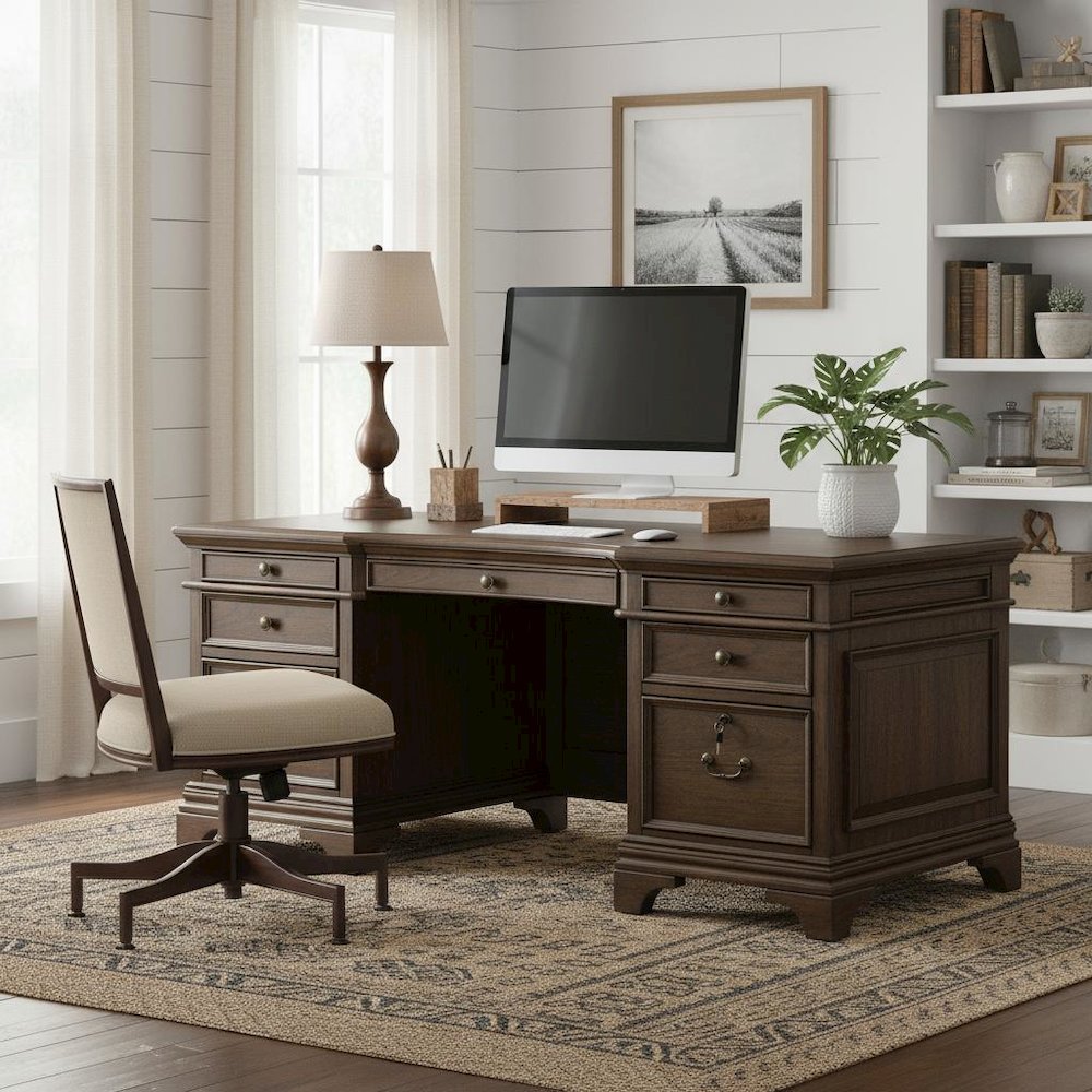 Executive Desk 72-Inch, Burnished Oak, 7 Drawers, File Cabinets, Home Office