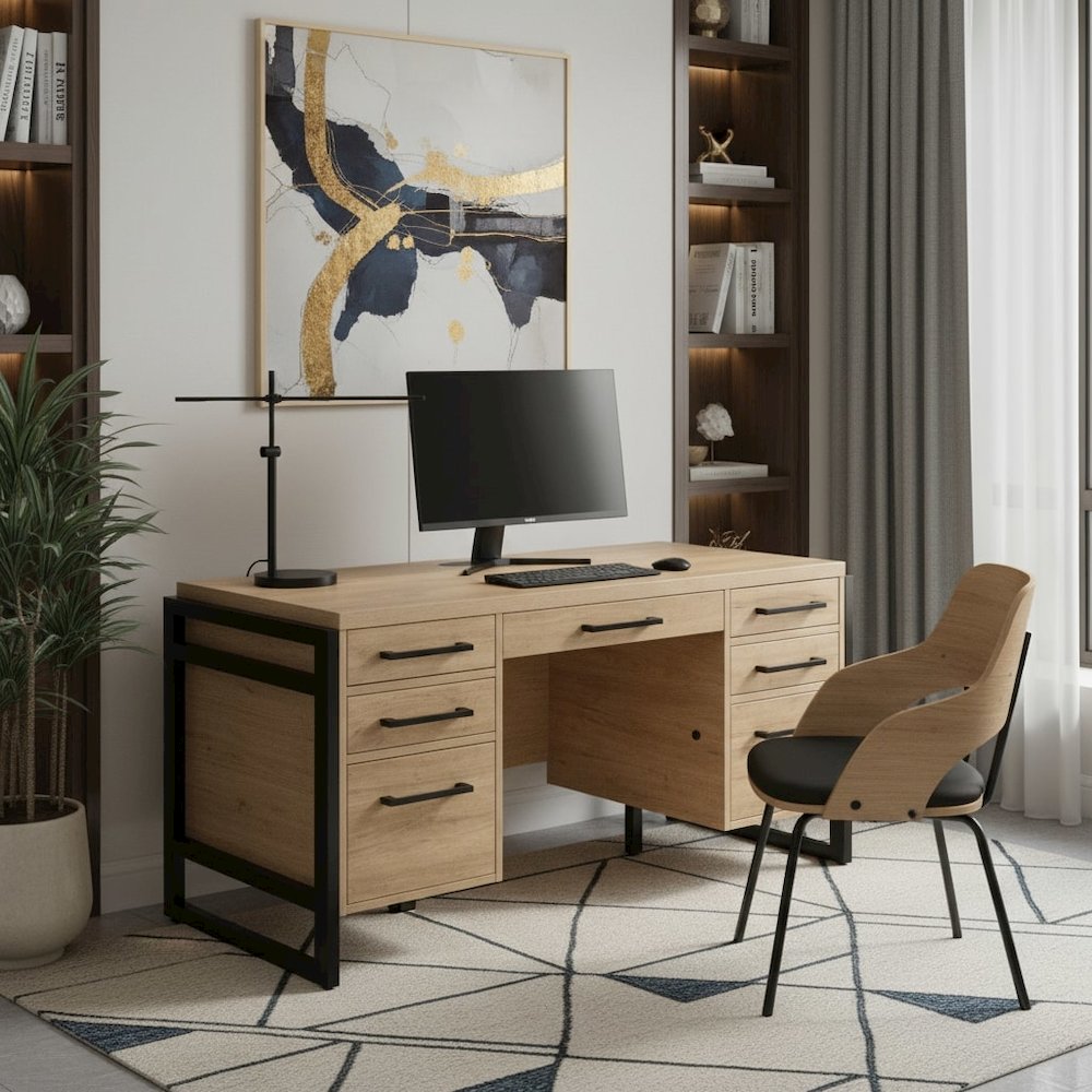 Wood Laminate Office Desk, 7 Drawers, 2 Locking File, Brown