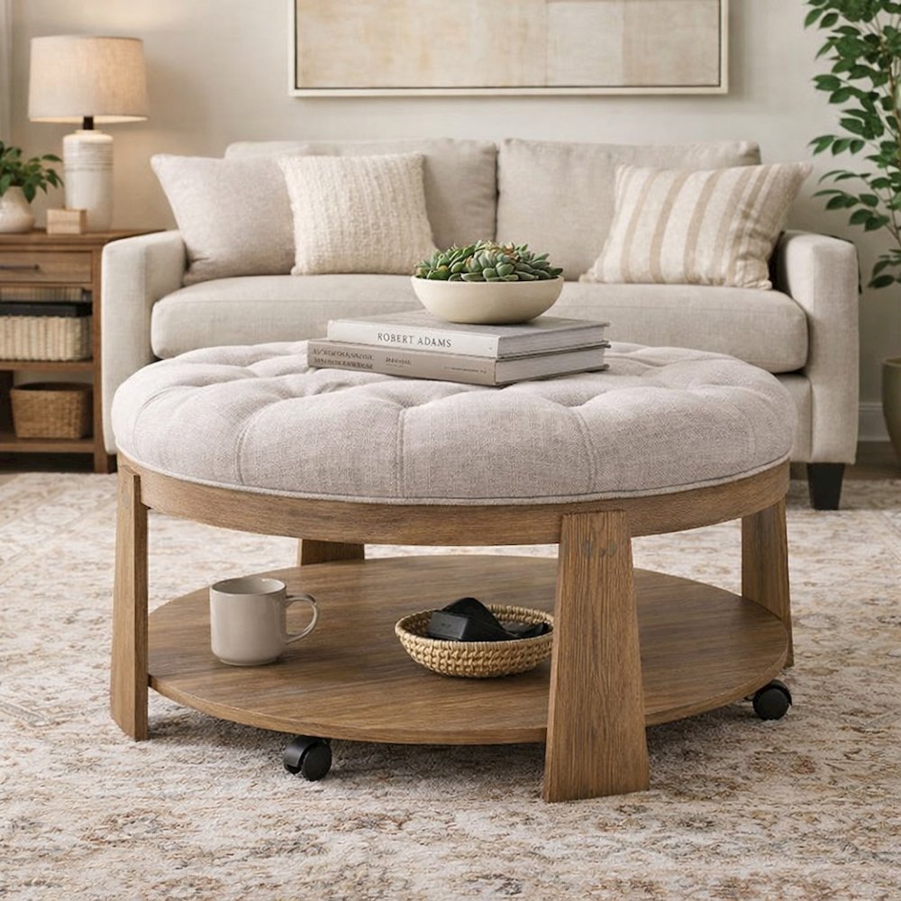 Beige Round Coffee Table with Solid Wood Frame and Linen-Like Surface