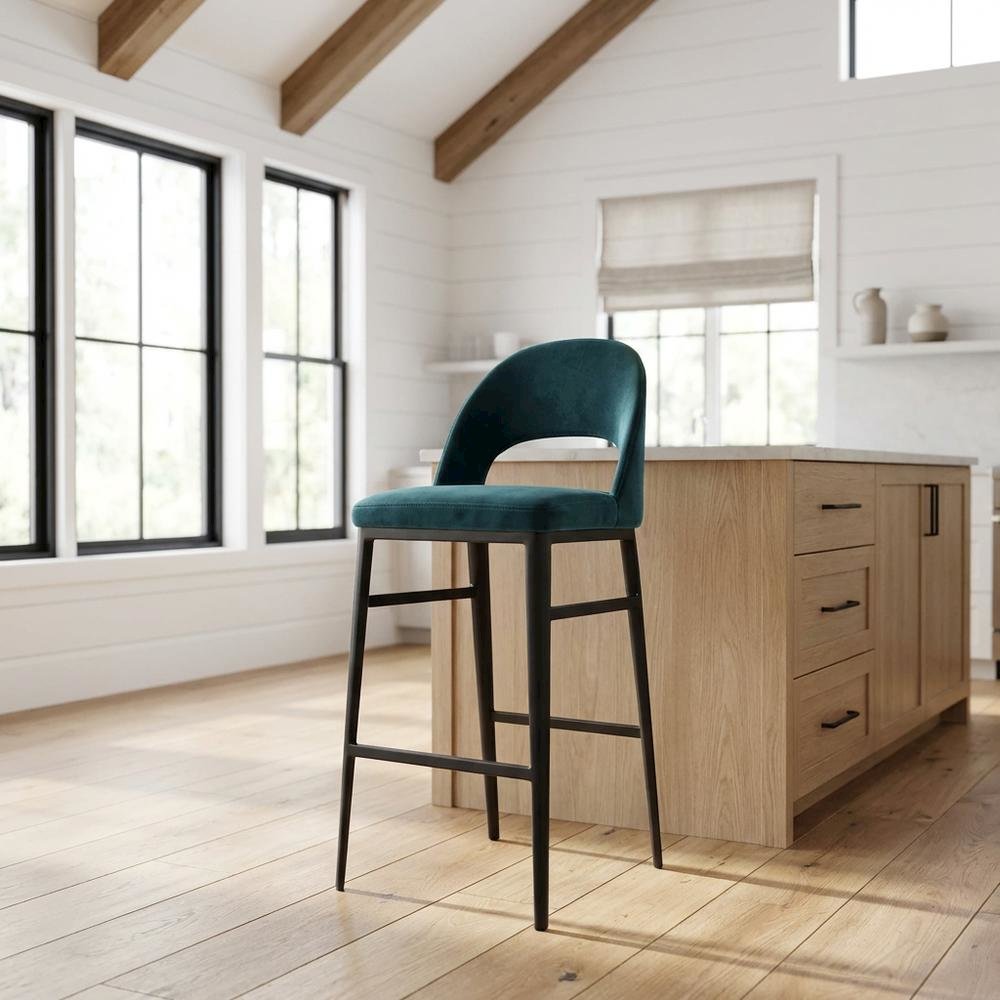 Upholstered Bar Stool with Back and Footrest, Art Deco Counter Height Chair,Blue